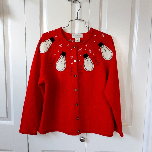 Susan Bristol Sweaters - Red Snowman Applique Christmas Cardigan Sweater‎ size Large Susan Bristol